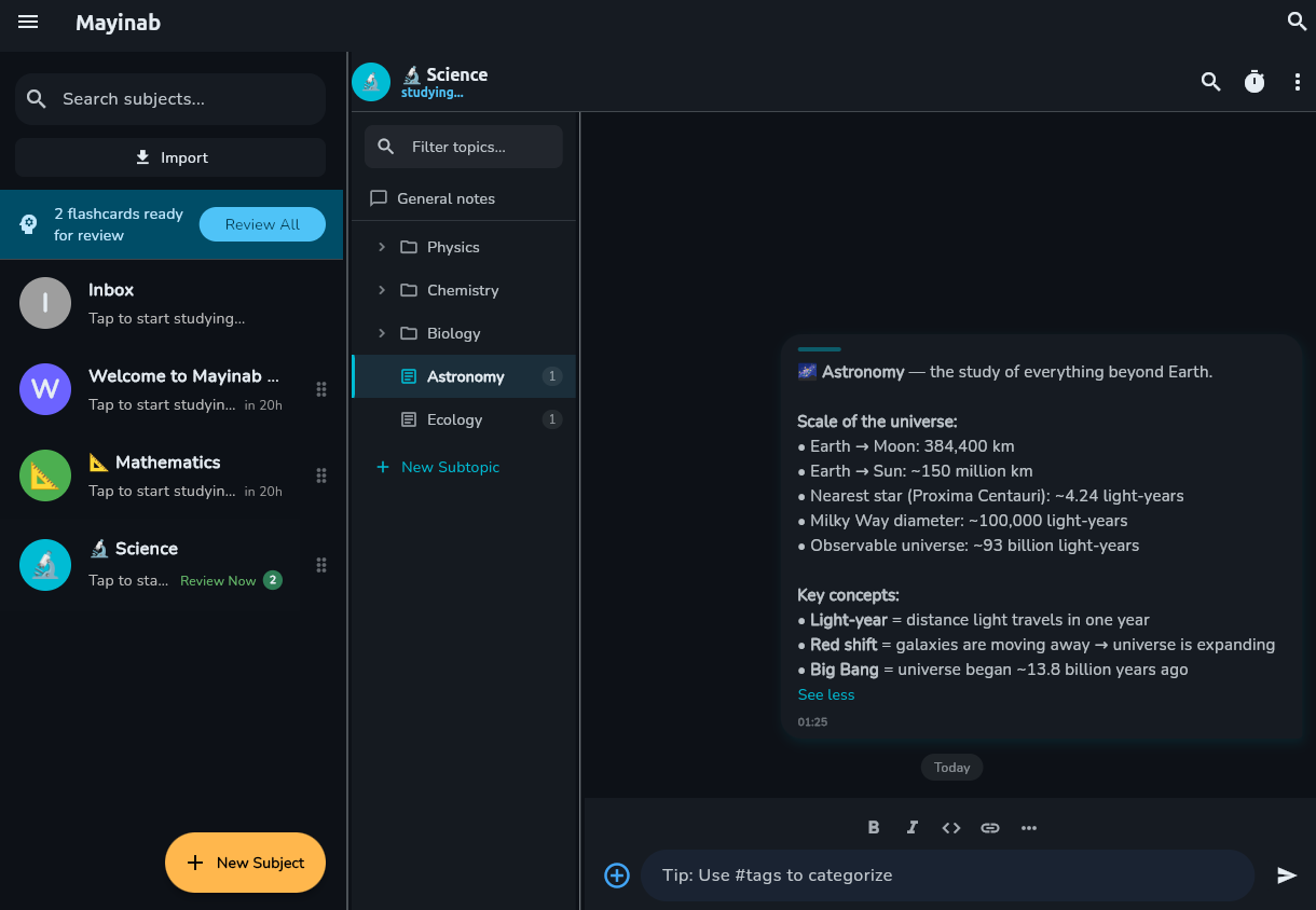 Mayinab dark mode interface